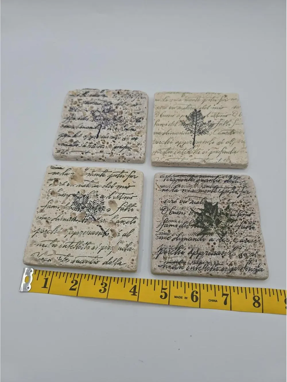 Vintage Style Botanical Travertine Tile Coaster Set 4 Handmade Cottagecore Decor